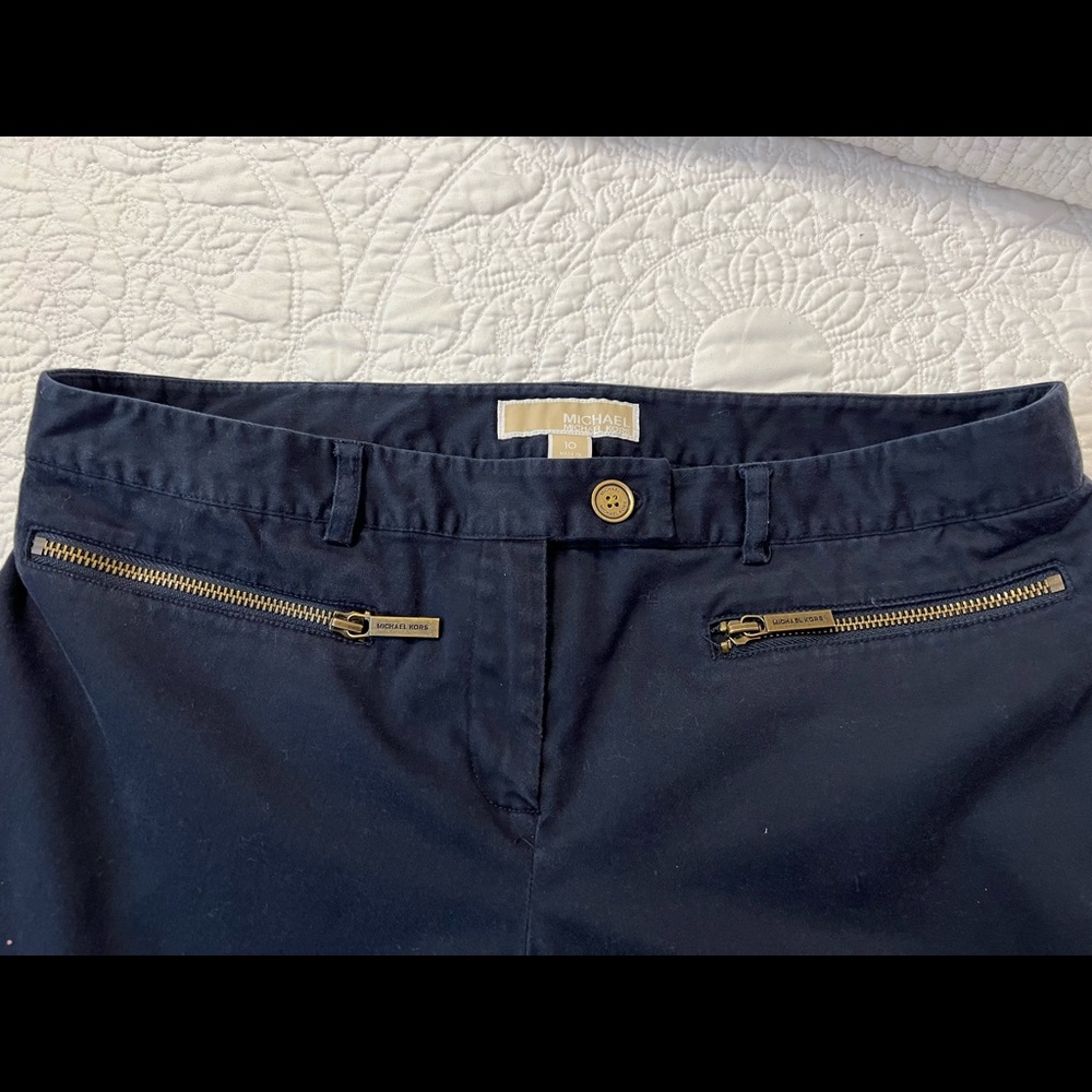 Womens MICHAEL KORS Navy Dress Pants Straight Gold Zipper Pockets